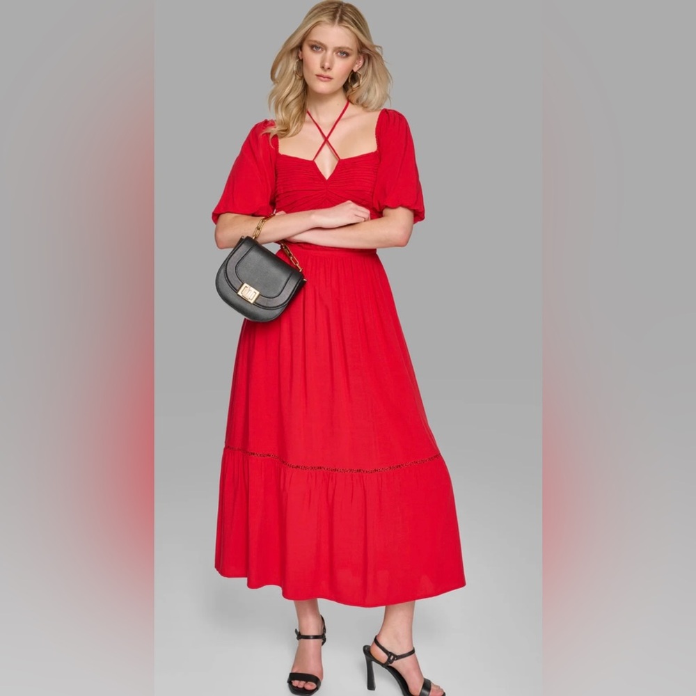 Karl Lagerfeld Red Tiered Maxi Sundress V-Neck Maxi